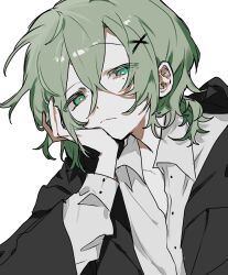 Rule 34 | 1boy, androgynous, collared shirt, frown, green eyes, green hair, hair ornament, hairclip, hand on own cheek, hand on own face, head rest, highres, hood, hood down, hoodie, long sleeves, looking at viewer, low ponytail, male focus, mole, mole under eye, original, ponytail, shirt, solo, tearing up, w koj, x hair ornament