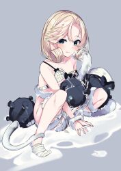 1girl absurdres abyssal_ship blonde_hair blue_eyes bra enemy_naval_mine_(kancolle) grey_background highres janus_(kancolle) kantai_collection looking_at_viewer short_hair simple_background socks teeth tentacles underwear uut white_bra white_socks