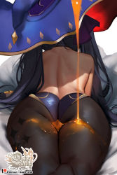 Rule 34 | 1girl, absurdres, artist name, ass, ass focus, back, bare back, black hair, black pantyhose, blue hat, from behind, genshin impact, hat, highres, hu dako, huge ass, legs together, mona (genshin impact), pantyhose, patreon username, solo, thighs, twintails, wide hips, witch hat