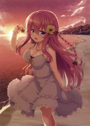 Rule 34 | 1girl, absurdres, arm at side, backlighting, beach, blue eyes, bow, bracelet, braid, breasts, cleavage, dress, dusk, flower, footprints, frilled dress, frills, hair between eyes, hair bow, hair flower, hair ornament, hair ribbon, highres, horizon, jewelry, large breasts, long hair, looking at viewer, necklace, open mouth, original, outdoors, pink hair, ribbon, scan, side braid, sidelocks, smile, solo, starfish, sunset, very long hair, yuzu modoki