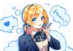 Rule 34 | !, 1girl, blazer, blonde hair, blue bow, blue bowtie, blue eyes, blue jacket, blue ribbon, bow, bowtie, circle, collared shirt, commentary, dotted background, eyelashes, gradient hair, grey sweater vest, hair ribbon, hand up, hanon (honeyworks), heart, highres, honeyworks, jacket, long sleeves, looking at viewer, looking to the side, low twintails, multicolored hair, open mouth, pink hair, plaid, plaid bow, plaid bowtie, ribbon, school uniform, shadow, shirt, sophia pie 12, speech bubble, spoken heart, sweater vest, twintails, upper body, v, white background, white shirt