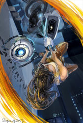 Rule 34 | 1girl, aperture laboratories, aperture science handheld portal device, artist name, breasts, brown hair, chell, cleavage, dated, from below, glados, large breasts, looking at viewer, pants, ponytail, portal, portal (series), portal 1, portal 2, robot, shirt, upside-down, wheatley, zzyzzyy