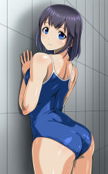 Rule 34 | 1girl, against wall, anime coloring, arched back, ass, back, bare shoulders, black hair, blue eyes, competition school swimsuit, female focus, looking at viewer, looking back, medium hair, monteriakitto, new school swimsuit, one-piece swimsuit, original, school swimsuit, shiny skin, smile, solo, swimsuit