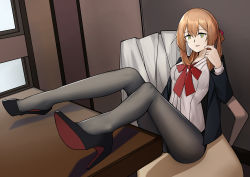 Rule 34 | 1girl, absurdres, black footwear, black pantyhose, blazer, bow, chair, girls&#039; frontline, green eyes, hair bow, hand in own hair, high heels, highres, jacket, legs up, long hair, looking at viewer, macayase, necktie, no pants, office, office chair, office lady, orange hair, pantyhose, shirt, shoes, simple background, sitting on chest, solo, springfield (girls&#039; frontline), swivel chair, white shirt