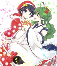 2girls adapted_costume alternate_headwear bad_id bad_pixiv_id blue_eyes bow commentary_request confetti cow_tail detached_sleeves doremy_sweet frog_hair_ornament green_eyes green_hair hair_ornament hat kochiya_sanae long_hair multiple_girls open_mouth pom_pom_(clothes) red_bow santa_hat short_hair snake_hair_ornament star_(symbol) tail tail_bow tail_ornament tama_(hiroshige_36) touhou