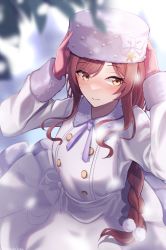Rule 34 | 1girl, absurdres, blurry, blurry foreground, blush, bow, braid, brown hair, coat, fur-trimmed coat, fur-trimmed sleeves, fur hat, fur trim, gloves, hair ornament, hat, hat bow, highres, idolmaster, idolmaster shiny colors, long hair, long sleeves, looking to the side, neck ribbon, odecono3, osaki amana, pink gloves, purple ribbon, ribbon, single braid, snowflake hair ornament, solo, ushanka, very long hair, white bow, white coat, white hat, winter clothes, winter coat, yellow eyes