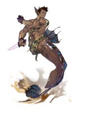 Rule 34 | 1boy, abs, absurdres, bara, brown tail, completely nude, crrispy shark, dagger, dark-skinned male, dark skin, fingerless gloves, fins, full body, gloves, highres, holding, holding dagger, holding knife, holding weapon, knife, looking to the side, male focus, merman, monster boy, muscular, muscular male, navel, nude, original, pointy ears, short hair, simple background, solo, stomach, weapon, white background