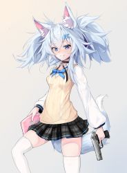Rule 34 | 1girl, animal ears, beige vest, blue bow, blue bowtie, blue eyes, blush, book, bow, bowtie, chun bae, collared shirt, commentary request, cowboy shot, fox ears, fox girl, fox tail, girls&#039; frontline, grin, gun, hair ornament, hairclip, heart, heart-shaped pupils, highres, holding, holding book, holding gun, holding weapon, leg lift, looking at viewer, mab pa-15, medium hair, miniskirt, official alternate costume, pa-15 (girls&#039; frontline), pa-15 (high school thrills) (girls&#039; frontline), plaid, plaid skirt, pleated skirt, school uniform, shirt, silver hair, simple background, skindentation, skirt, smile, solo, standing, striped clothes, striped vest, symbol-shaped pupils, tail, thighhighs, twintails, vertical-striped clothes, vertical-striped vest, vest, weapon, white shirt, white thighhighs
