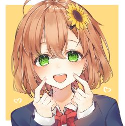 Rule 34 | 1girl, :d, ahoge, black jacket, bow, bowtie, brown hair, collared shirt, commentary request, fingers to cheeks, flower, green eyes, hair between eyes, hair flower, hair ornament, hands up, heart, highres, honma himawari, jacket, long sleeves, looking at viewer, morino wako, nijisanji, open mouth, portrait, red bow, red bowtie, shirt, short hair, simple background, smile, solo, sunflower, sunflower hair ornament, teeth, two-tone background, upper teeth only, virtual youtuber, white shirt