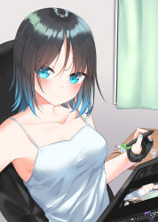 Rule 34 | 1girl, black hair, blue eyes, blue hair, blue nails, breasts, chair, cigarette, cigarette pack, collared shirt, curtains, drawing tablet, eyes visible through hair, gloves, gradient hair, hair between eyes, highres, indoors, looking at viewer, medium breasts, menbou (menbow3v), multicolored hair, nail polish, original, partially fingerless gloves, shirt, short hair, single glove, sitting, smile, solo, stylus, table, tank top, upper body, white tank top