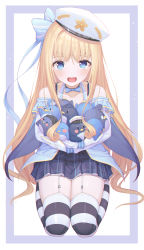 Rule 34 | 1girl, absurdres, aqua bow, black thighhighs, blonde hair, blue eyes, border, bow, bowtie, commentary, eyebrows hidden by hair, full body, garter straps, gloves, hair bow, halterneck, highres, holding, holding stuffed toy, kneeling, long hair, long sleeves, looking at viewer, off-shoulder shirt, off shoulder, open mouth, original, outside border, peng kun, pleated skirt, purple border, purple skirt, shirt, skirt, solo, striped clothes, striped thighhighs, stuffed toy, symbol-only commentary, teeth, thighhighs, upper teeth only, white background, white gloves, white headwear, white thighhighs