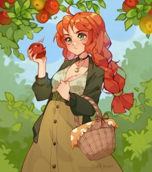 Rule 34 | 1girl, ahoge, apple, artist name, basket, belt, blue sky, blush, braid, breasts, buttons, cardigan, choker, cleavage, cowboy shot, crescent, crescent necklace, day, elf exar, floral print, flying sweatdrops, food, freckles, fruit, green belt, green cardigan, green eyes, high belt, highres, holding, holding basket, holding food, holding fruit, jewelry, leaf, long hair, long sleeves, low-tied long hair, medium breasts, mole, mole on breast, necklace, open cardigan, open clothes, orange hair, original, outdoors, plant, signature, skirt, sky, solo, star (symbol), star choker, thick eyebrows, twin braids, twitter username, very long hair, worm