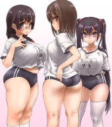 Rule 34 | 3girls, asanagi, ass, braid, breasts, buruma, covered erect nipples, glasses, gradient background, gym uniform, highres, huge ass, huge breasts, kneehighs, large breasts, looking back, multiple girls, original, plump, socks, thick thighs, thighhighs, thighs, twin braids, twintails, white legwear, wide hips