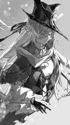 Rule 34 | 1girl, a9712mob, arknights, ascot, coat, fingernails, frilled sleeves, frills, gladiia (arknights), gladiia (return) (arknights), gloves, greyscale, hair over one eye, hat, highres, long hair, long sleeves, looking down, monochrome, official alternate costume, one eye covered, partially fingerless gloves, pointy ears, simple background, sketch, solo, upper body