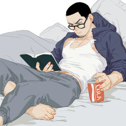 Rule 34 | 1boy, barefoot, bed sheet, bespectacled, black hair, blue jacket, book, can, chengongzi123, closed mouth, coca-cola, drink can, facial hair, foot out of frame, glasses, goatee stubble, golden kamuy, green eyes, grey pants, hand up, holding, holding book, jacket, male focus, midriff peek, nipple slip, nipples, pants, pillow, reading, scar, scar on stomach, short hair, simple background, sitting, soda can, stubble, tank top, tsukishima hajime, very short hair, white background, white tank top