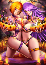 Rule 34 | 2girls, alternate costume, alternate hair color, arc system works, artist request, ass, bare shoulders, bikini, black sclera, blazblue, breast press, breasts, candle, candy, cleavage, colored sclera, company connection, crossover, food, guilty gear, hair over one eye, halloween, heterochromia, i-no, konoe a. mercury, large breasts, long hair, looking at viewer, multiple girls, orange eyes, orange hair, purple eyes, purple hair, shiny skin, short hair, smile, swimsuit, thighhighs, very long hair, yellow eyes