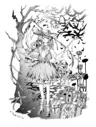 Rule 34 | 1256310514, 1girl, absurdres, bird, book, closed mouth, collared shirt, dolls in pseudo paradise, fedora, flower, frilled hat, frilled skirt, frills, full body, greyscale, hat, hat feather, highres, holding, holding book, holding smoking pipe, jacket girl (dipp), kiseru, long hair, long sleeves, looking away, mary janes, monochrome, neck ribbon, noose, open clothes, open vest, poppy (flower), portrait (object), ribbon, rope, shirt, shoes, skirt, smile, smoking pipe, socks, solo, stake, standing, straw doll, torii, touhou, traditional media, tree, very long hair, vest, wavy hair