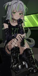 Rule 34 | &gt;:(, 1girl, absurdres, alternate costume, alternate eye color, alternate hair color, annoyed, arm belt, belt, belt buckle, black choker, black footwear, black shirt, blunt bangs, boots, bracelet, buckle, can, choker, cross-laced clothes, cross-laced footwear, detached sleeves, dot nose, drink, drinking straw, energy drink, eto sister, fingernails, fins, fish tail, fishnet legwear, fishnets, frown, gawr gura, goth fashion, green eyes, green hair, grey hair, hair bobbles, hair ornament, hand on own cheek, hand on own face, harness, high heel boots, high heels, highres, holding, holding can, holding drink, hololive, hololive english, jewelry, knee boots, lace-up boots, leather, leather boots, long hair, monster energy, multicolored hair, pendant choker, shark girl, shark tail, shirt, sitting, solo, spiked bracelet, spikes, streaked hair, t-shirt, tail, television, thigh strap, two-tone hair, two side up, v-shaped eyebrows, very long hair, virtual youtuber, wedge heels
