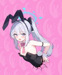 Rule 34 | 1girl, absurdres, ai-assisted, animal ears, black leotard, blue archive, blush, detached collar, fake animal ears, fake tail, fingernails, grey hair, highres, kiriyuki (azikaban1532), leotard, long hair, looking at viewer, miyako (blue archive), nail polish, nipples, open mouth, ponytail, purple eyes, rabbit ears, rabbit tail, red nails, smile, solo, strapless, strapless leotard, tail, wrist cuffs
