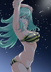 Rule 34 | 1girl, animal print, aqua eyes, aqua hair, arched back, armpits, arms up, bikini, breasts, commentary, cowboy shot, female focus, from side, groin, hair between eyes, hand on own arm, holding another&#039;s arm, holding own arm, horns, large breasts, light particles, long hair, looking at viewer, lum, nail polish, navel, oni, open mouth, parted lips, pointy ears, puzzle &amp; dragons, shade, smile, solo, stomach, swimsuit, tiger print, underboob, urusei yatsura, yosaku09161