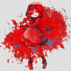 Rule 34 | 1girl, blood, blood splatter, boots, capelet, commentary request, dated commentary, dress, floral print, full body, hair between eyes, hands up, holding, holding tool, hood, hood up, hooded capelet, japanese saw, kneehighs, little red riding hood, little red riding hood (grimm), long sleeves, looking at viewer, lowres, neck ribbon, parted lips, print capelet, print dress, rakuni, red capelet, red dress, red footwear, red hair, red ribbon, red socks, red theme, ribbon, rose print, saw, short hair, smile, socks, solo, standing