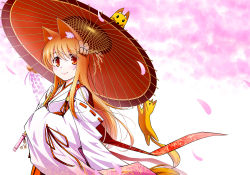 Rule 34 | 1girl, animal ears, cherry blossoms, fox, fox ears, japanese clothes, long hair, miko, oil-paper umbrella, original, smile, solo, umbrella, yami no kohaku