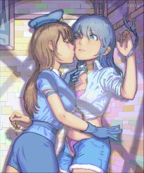 Rule 34 | 2girls, arm behind back, asymmetrical docking, belt, blue eyes, blue hair, blue shirt, bra, breast press, breasts, brick wall, brown hair, cleavage, closed eyes, collar, color ink (medium), cuffs, earrings, gloves, handcuffs, hat, highres, industrial pipe, jewelry, kabedon, key, charm (object), kiss, kissing cheek, leash, leash pull, leveen, long hair, midriff, multiple girls, one eye closed, open clothes, open fly, open shirt, original, panties, peaked cap, pink bra, pink panties, police, police hat, police uniform, restrained, shirt, string panties, striped bra, striped clothes, striped panties, striped shirt, symmetrical docking, theft, tied shirt, underwear, uniform, vertical-striped bra, vertical-striped clothes, vertical-striped panties, vertical-striped shirt, window, yuri