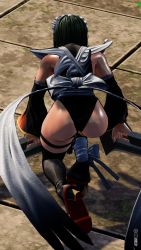 Rule 34 | 1girl, 3d, ass, ass focus, black leotard, breasts, butterfly swords, curvy, highleg, highleg leotard, highres, holding, holding weapon, huge ass, iroha (samurai spirits), kneeling, large breasts, leotard, maid, maid headdress, ryona, samurai spirits, screencap, shiny skin, sideboob, skindentation, solo, thighhighs, third-party edit, thong leotard, weapon, wide hips
