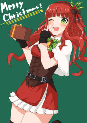 Rule 34 | 1girl, bell, belt, black belt, black gloves, blunt bangs, blush, bow, box, breasts, capelet, christmas, de ruyter (kancolle), dress, fingerless gloves, frills, gift, gift box, gloves, green background, green eyes, hair ornament, hairband, holding, holly, holly hair ornament, junes, kantai collection, long hair, merry christmas, one eye closed, red dress, red hair, simple background, solo, star (symbol), v