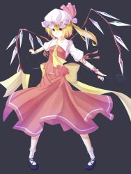 Rule 34 | 1girl, ascot, black background, blonde hair, bow, flandre scarlet, flat chest, hat, hat bow, laevatein, red eyes, rerrere, side ponytail, solo, touhou, wings