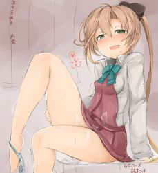 Rule 34 | 10s, 1girl, akigumo (kancolle), artist name, barefoot, blush, bow, breasts, brown hair, cum, cum on clothes, earrings, covered erect nipples, female focus, green eyes, hair bow, heart, heart earrings, highres, jewelry, kantai collection, no bra, no legwear, okiraku nikku, panties, panties around leg, ponytail, ring, small breasts, solo, sweat, underwear