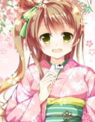 Rule 34 | 10s, 1girl, brown hair, gradient background, green eyes, japanese clothes, kimono, looking at viewer, love live!, love live! school idol festival, love live! school idol project, minami kotori, new year, omikuji, one side up, open mouth, petals, solo, suika (sakkuhan), upper body
