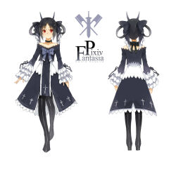 Rule 34 | 1girl, bad id, bad pixiv id, bare shoulders, black dress, black hair, boots, bow, character request, character sheet, choker, cross, dress, frills, from behind, full body, haijin, hair ribbon, horns, orange eyes, pixiv fantasia, pixiv fantasia sword regalia, popoccpo, ribbon, solo, standing, tattoo, thigh boots, thighhighs, twintails, white background