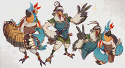 Rule 34 | 2boys, accordion, bag, beak, bird boy, bird tail, bird wings, closed eyes, commentary, english commentary, feather hair ornament, feathers, full body, goggles, hair ornament, hand on another&#039;s shoulder, hand on own hip, hand wings, highres, holding, holding instrument, holding paper, instrument, kass, looking at another, looking at viewer, male focus, multiple boys, multiple views, nintendo, open mouth, paper, penn (zelda), satchel, scarf, sheet music, smile, sparkle, tail, talons, the legend of zelda, the legend of zelda: breath of the wild, the legend of zelda: tears of the kingdom, third cookie, upper body, v, white background, wings