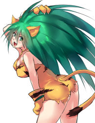 Rule 34 | 1girl, animal ears, animal hands, animal print, ass, breasts, cat ears, cham cham, gloves, green eyes, green hair, highres, long hair, looking at viewer, negresco, open mouth, paw gloves, samurai spirits, simple background, smile, solo, tail, tiger print, white background