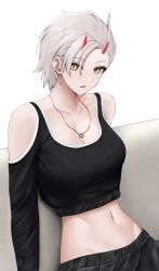 Rule 34 | 1girl, azur lane, bare shoulders, black shirt, breasts, cleavage, clothing cutout, commentary request, crop top, earrings, grey hair, highres, horns, jakqbigone, jewelry, kinu (azur lane), large breasts, long sleeves, looking at viewer, midriff, navel, necklace, open mouth, shirt, short hair, shoulder cutout, simple background, solo, stomach, upper body, white background, yellow eyes