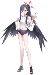 Rule 34 | 1girl, angel wings, bare shoulders, bikini, black bikini, black choker, black footwear, black hair, black wings, blue archive, choker, grey eyes, halo, hand on own hip, highres, ichika (blue archive), looking at viewer, nekoln, one eye closed, open mouth, ponytail, sandals, shirt, simple background, smile, solo, swimsuit, thighs, white background, white shirt, wings