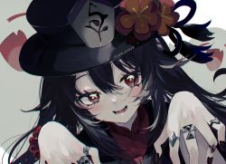 Rule 34 | 1girl, = =, artist name, black hair, black nails, blush, chromatic aberration, close-up, coat, commentary, commentary request, cowlick, flower, gen arare, genshin impact, ghost, ghost pose, grey background, hair between eyes, hat, hat flower, hat ornament, highres, hu tao (genshin impact), jewelry, long hair, looking at viewer, multiple rings, nail polish, open mouth, pale skin, plum blossoms, porkpie hat, portrait, red eyes, ring, solo, talisman, tassel, twintails, twitter username