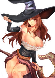 Rule 34 | 1girl, bare shoulders, breasts, brown eyes, brown hair, cleavage, detached sleeves, dragon&#039;s crown, dress, hand on headwear, hat, huge breasts, legs, long hair, simple background, solo, sorceress (dragon&#039;s crown), staff, strapless, strapless dress, suoni (deeperocean), sweat, thighs, vanillaware, witch hat