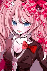 Rule 34 | 1girl, :d, bear hair ornament, black choker, blonde hair, blood, blue eyes, bow, breasts, brown shirt, choker, cleavage, collarbone, danganronpa: trigger happy havoc, danganronpa (series), enoshima junko, green eyes, grey background, hair ornament, highres, large breasts, open mouth, red bow, shirt, simple background, smile, solo, sora hikage, teeth, twintails, upper teeth only