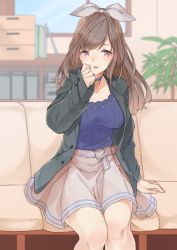 Rule 34 | 1girl, alternate costume, blue shirt, bookshelf, bow, breasts, brown eyes, brown hair, chair, choker, collarbone, commentary request, couch, facing viewer, green jacket, hair bow, highres, idolmaster, idolmaster shiny colors, indoors, jacket, large breasts, looking at viewer, pekoni (peconi), plant, ponytail, shirt, sitting, skirt, solo, swept bangs, tsukioka kogane, white skirt, window