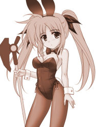 Rule 34 | 00s, 1girl, animal ears, axe, bardiche (device form) (nanoha), bardiche (nanoha), breasts, fake animal ears, fate testarossa, leotard, long hair, lyrical nanoha, mahou shoujo lyrical nanoha, masakichi (crossroad), monochrome, pantyhose, playboy bunny, rabbit ears, sepia, simple background, solo, twintails, weapon, white background
