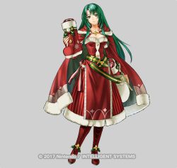Rule 34 | 1girl, breasts, cecilia (fire emblem), cecilia (winter) (fire emblem), christmas, closed mouth, dated, fire emblem, fire emblem: the binding blade, fire emblem heroes, full body, green eyes, green hair, kita senri, long hair, looking at viewer, nintendo, official art, simple background, solo