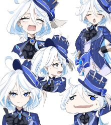 Rule 34 | 1girl, absurdres, aqua eyes, blue eyes, blue hair, closed eyes, empty eyes, expressions, furina (genshin impact), genshin impact, gloves, hat, heterochromia, highres, multicolored hair, nervous, open mouth, smile, solo, sstthei, surprised, sweat, two-tone hair, white hair