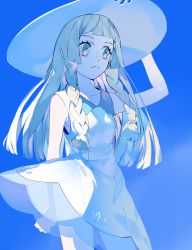 Rule 34 | 1girl, arm up, bad id, bad twitter id, blue background, braid, creatures (company), dress, female focus, fresa pie, frown, game freak, gradient background, hat, highres, holding, holding clothes, holding hat, lillie (pokemon), long hair, nintendo, pokemon, pokemon sm, see-through, sleeveless, sleeveless dress, solo, sun hat, twin braids