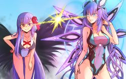 Rule 34 | &gt;:), 10s, 2girls, adapted costume, adjusting hair, bb (fate), bb (fate/extra), bent over, black wings, blue eyes, bodysuit, bow, breasts, casual one-piece swimsuit, closed mouth, confrontation, covered navel, cross-laced clothes, crossover, detached wings, electricity, emblem, eye contact, fate/extra, fate/extra ccc, fate (series), glowing, grin, groin, hair between eyes, hair bow, hair over shoulder, hair ribbon, hand on own hip, hand on own thigh, hand up, headgear, heterochromia, highleg, highleg swimsuit, highres, large breasts, legs apart, lightning glare, long hair, looking at another, magical girl, mechanical wings, multiple girls, neon trim, neptune (neptunia), neptune (series), next purple, one-piece swimsuit, power symbol, power symbol-shaped pupils, purple eyes, purple hair, purple heart (neptunia), red bow, red eyes, ribbon, rivalry, sideboob, sidelocks, smile, standing, swimsuit, symbol-shaped pupils, thigh gap, thighhighs, thighs, v-shaped eyebrows, very long hair, wings, yokura (yukilina)