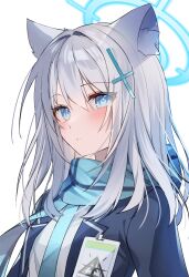 Rule 34 | 1girl, animal ear fluff, animal ears, blue archive, blue eyes, blue scarf, blush, grey hair, halo, jacket, long hair, manya drhr, mismatched pupils, open clothes, open jacket, parted lips, scarf, shiroko (blue archive), shirt, simple background, solo, upper body, white background, white shirt, wolf ears