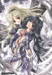 Rule 34 | 2girls, angel, angel wings, black hair, black wings, blonde hair, blue eyes, breasts, chain, cherry soft, cleavage, cross, double (game), feathers, gloves, grey eyes, hairband, hug, jewelry, jpeg artifacts, kanzaki alice, latin cross, long hair, multiple girls, necklace, nude, open clothes, ponytail, very long hair, watermark, wings, yamamoto kazue, yuri
