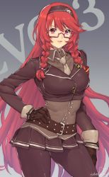 Rule 34 | 1girl, belt, black pantyhose, breasts, character name, evo 3 (girls&#039; frontline), girls&#039; frontline, glasses, gloves, highres, long hair, looking at viewer, murata tefu, open mouth, pantyhose, red hair, simple background, skirt, smile, solo, very long hair