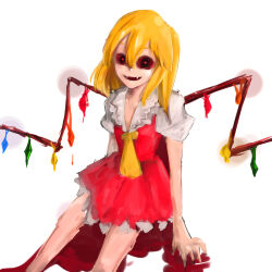 Rule 34 | 1girl, ascot, collarbone, collared shirt, crazy eyes, fangs, feet out of frame, fingernails, flandre scarlet, hair between eyes, highres, looking at viewer, medium hair, multicolored wings, no headwear, nurif, open mouth, puffy short sleeves, puffy sleeves, red eyes, red skirt, red vest, sharp fingernails, shirt, short sleeves, simple background, skirt, solo, touhou, vest, white background, white shirt, wings, yellow ascot